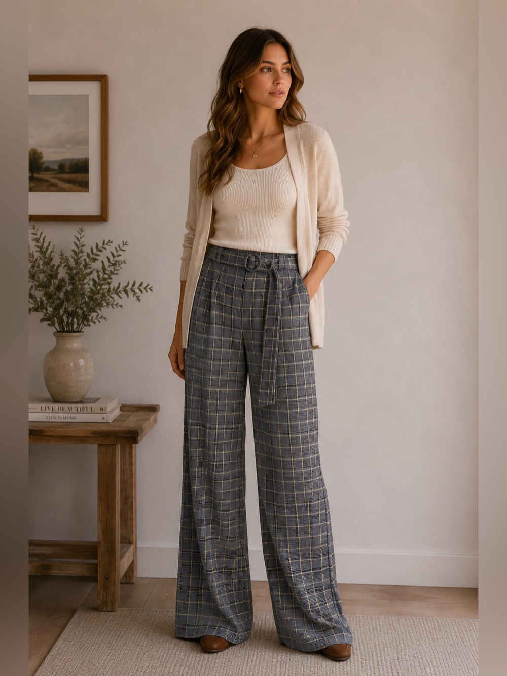Gray Plaid Wide-Leg Tall pants